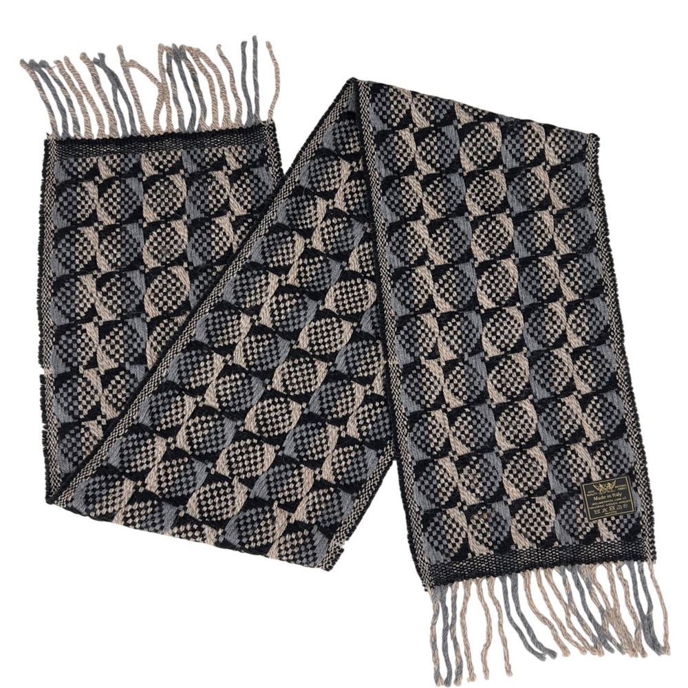 Mens Vintage Wool Scarf Black Grey Tan Op Art Patterned Fringe Made in Italy